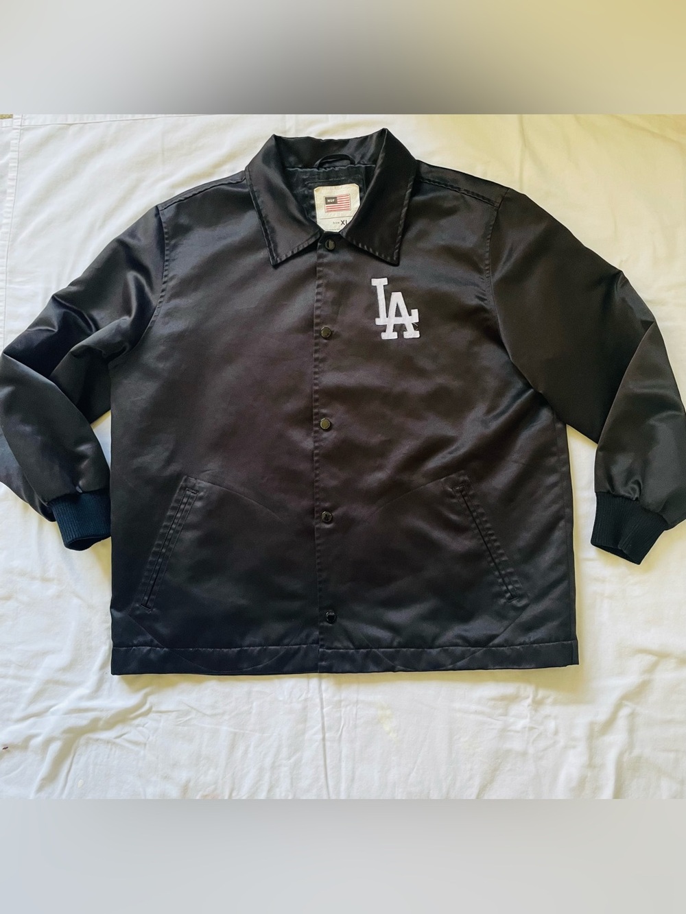 Black Satin Coach style jacket with White LA Dodgers Logo